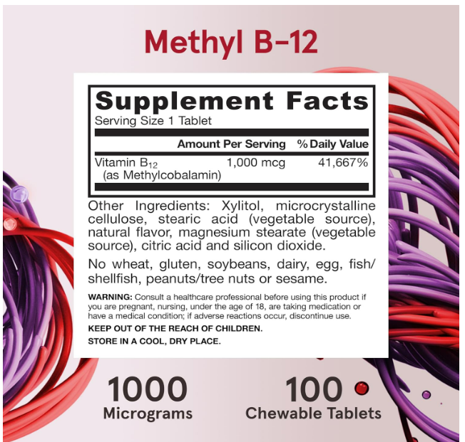 Jarrow Formula Vegan- Methyl B-12 1000mg, 100 tabletas masticables
