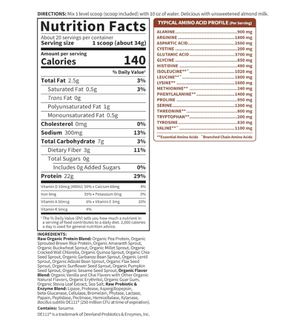 Garden of Life - Raw Organic Protein plant-vased, Vainilla Chai - 22g, 680g