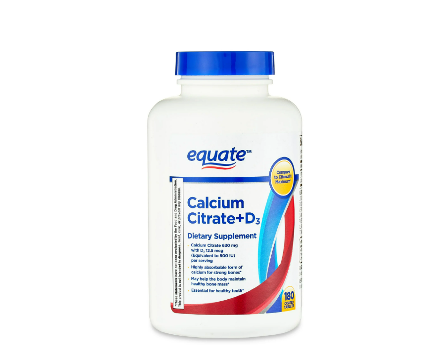Equate - Calciumm Citrate 630mg + D3 12.5 mcg(500IU), 180 tabletas
