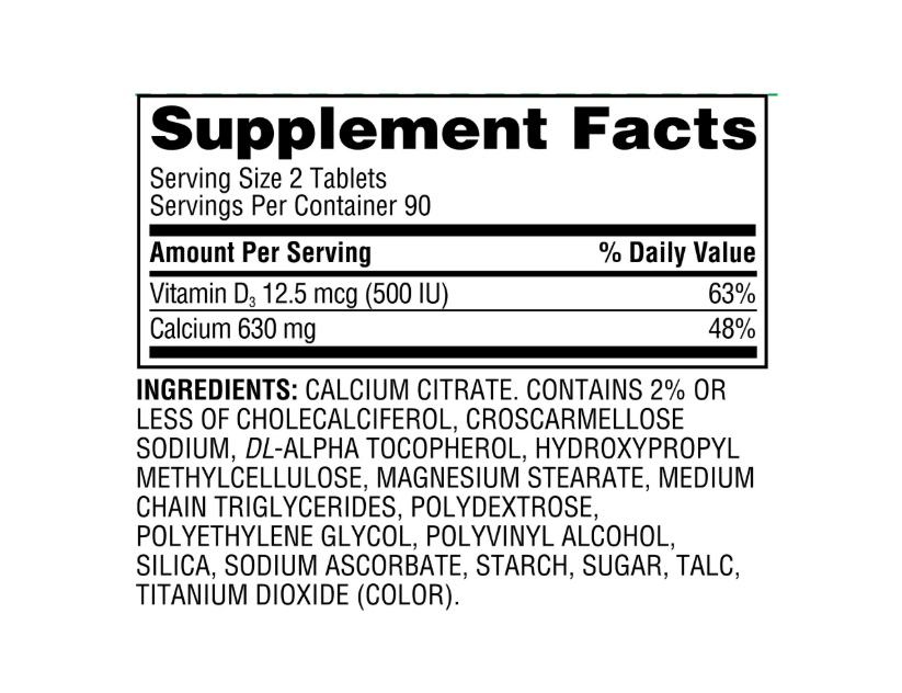 Equate - Calciumm Citrate 630mg + D3 12.5 mcg(500IU), 180 tabletas