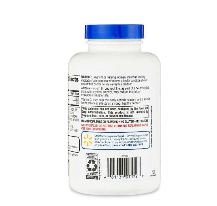 Equate - Calciumm Citrate 630mg + D3 12.5 mcg(500IU), 180 tabletas