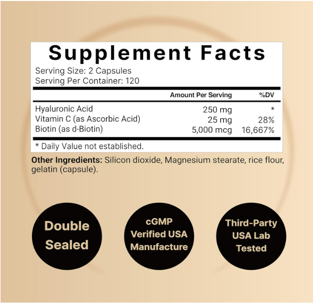 NatureBell - Ácido hialurónico 250mg con Vitamina C & Biotin, 240 capsulas