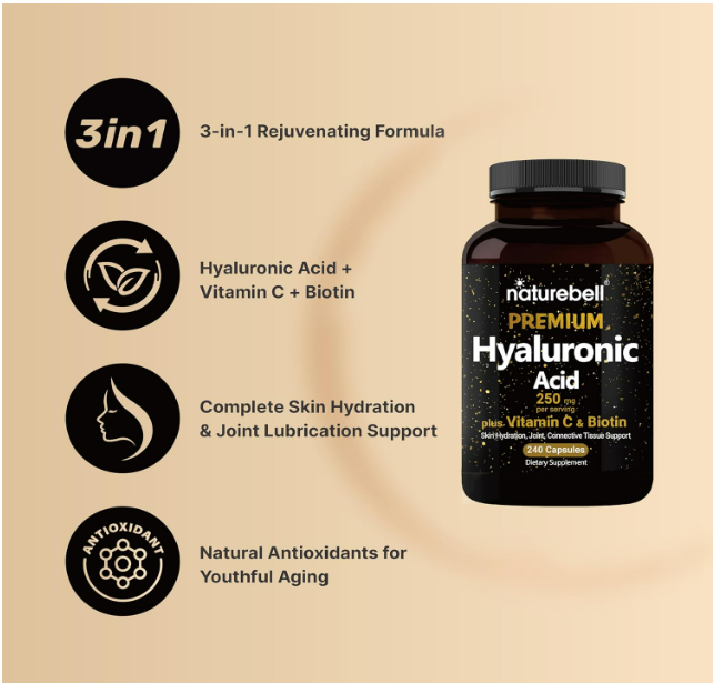 NatureBell - Ácido hialurónico 250mg con Vitamina C & Biotin, 240 capsulas