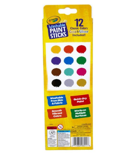 Crayola Barras de pintura de secado rápido, pintura lavable - 12 palitos de pintura
