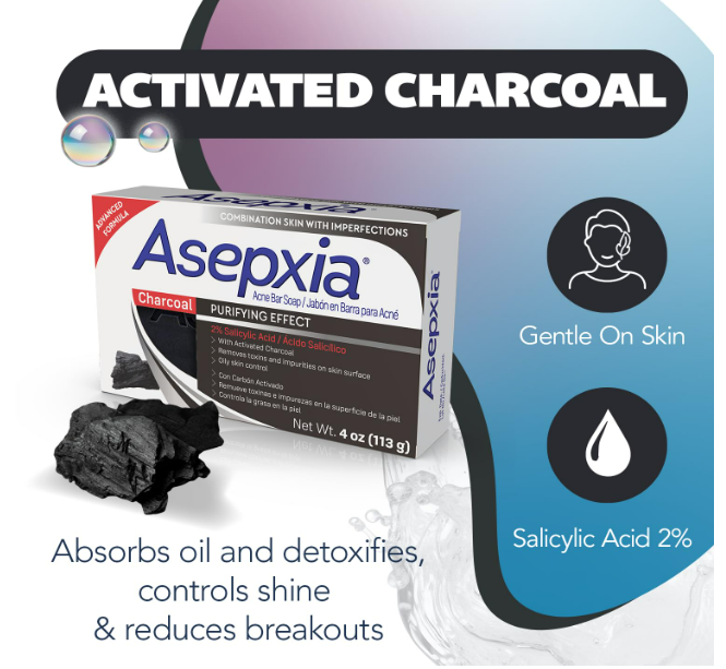 Asepxia- Jabón limpiador con carbón activdado, 4oz