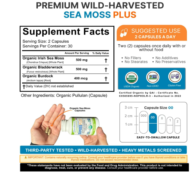 PowerbyNaturals - Seaa moss plus + burdock root- 60 capsulas vegetarianas