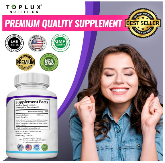Colageno Peptides, Type I, II, III, V, X - 90 capsulas, Toplux Nutrition