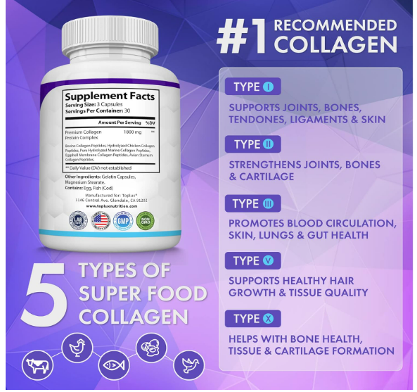 Colageno Peptides, Type I, II, III, V, X - 90 capsulas, Toplux Nutrition