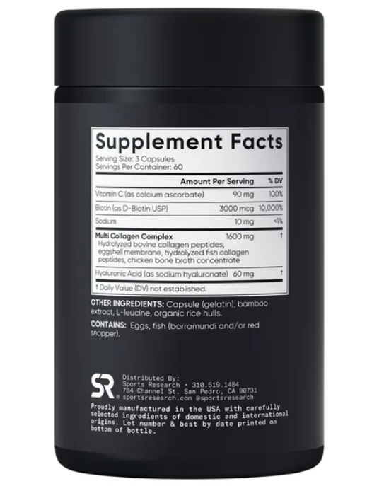 Sport Research - Multi Collagen 3000mcg con acido hialuronico y vitamina C, 180 capsulas