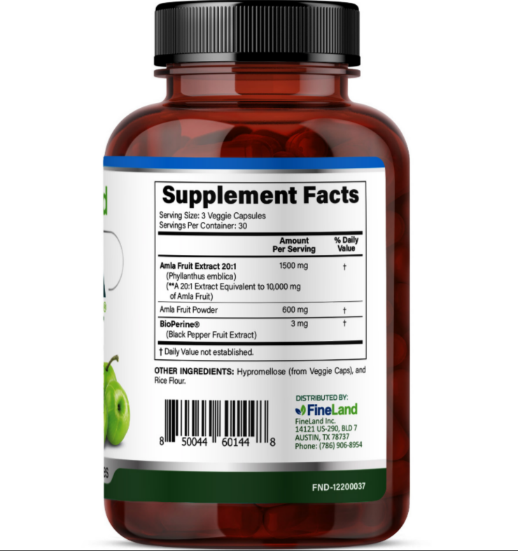 Fineland - Amla 20:1 Extract + Bioperine(30,600mg strenght) - 90 capsulas