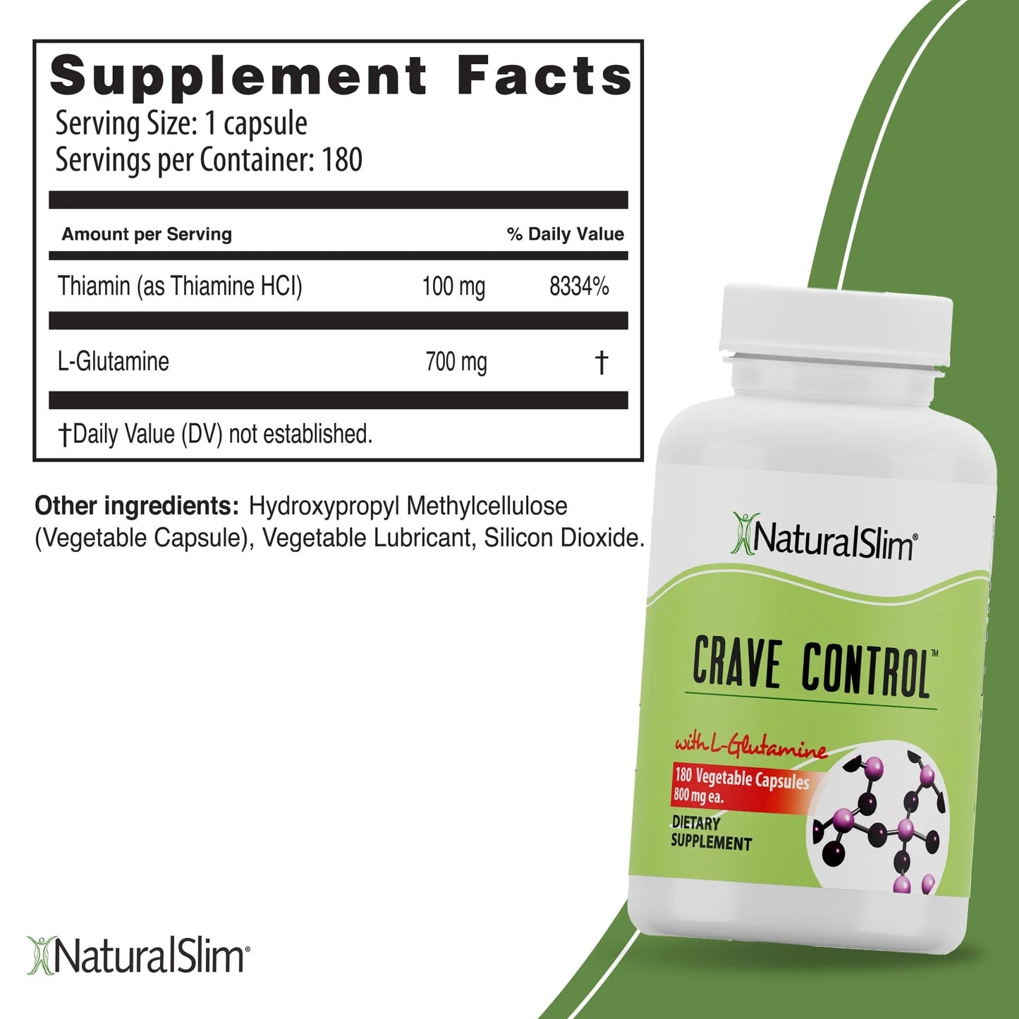 Crave Control , Natural Slim 180 cápsulas | Control de los Antojos con L-Glutamina y Tiamina (Vitamina B1)