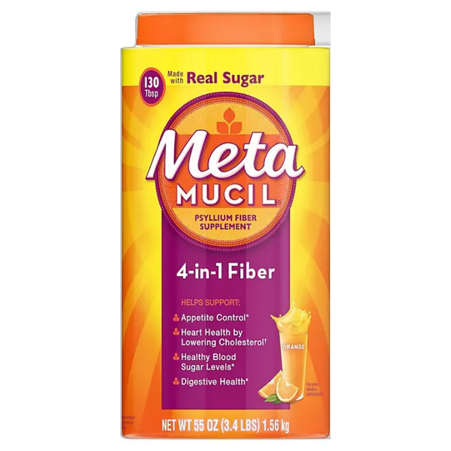 Suplemento de fibra en polvo Metamucil Psyllium 4 en 1, naranja, 1.56kg