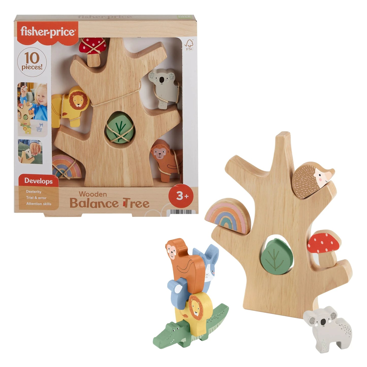 Árbol de equilibrio de madera Fisher-Price, juguete apilable para actividades de desarrollo infantil, 10 piezas