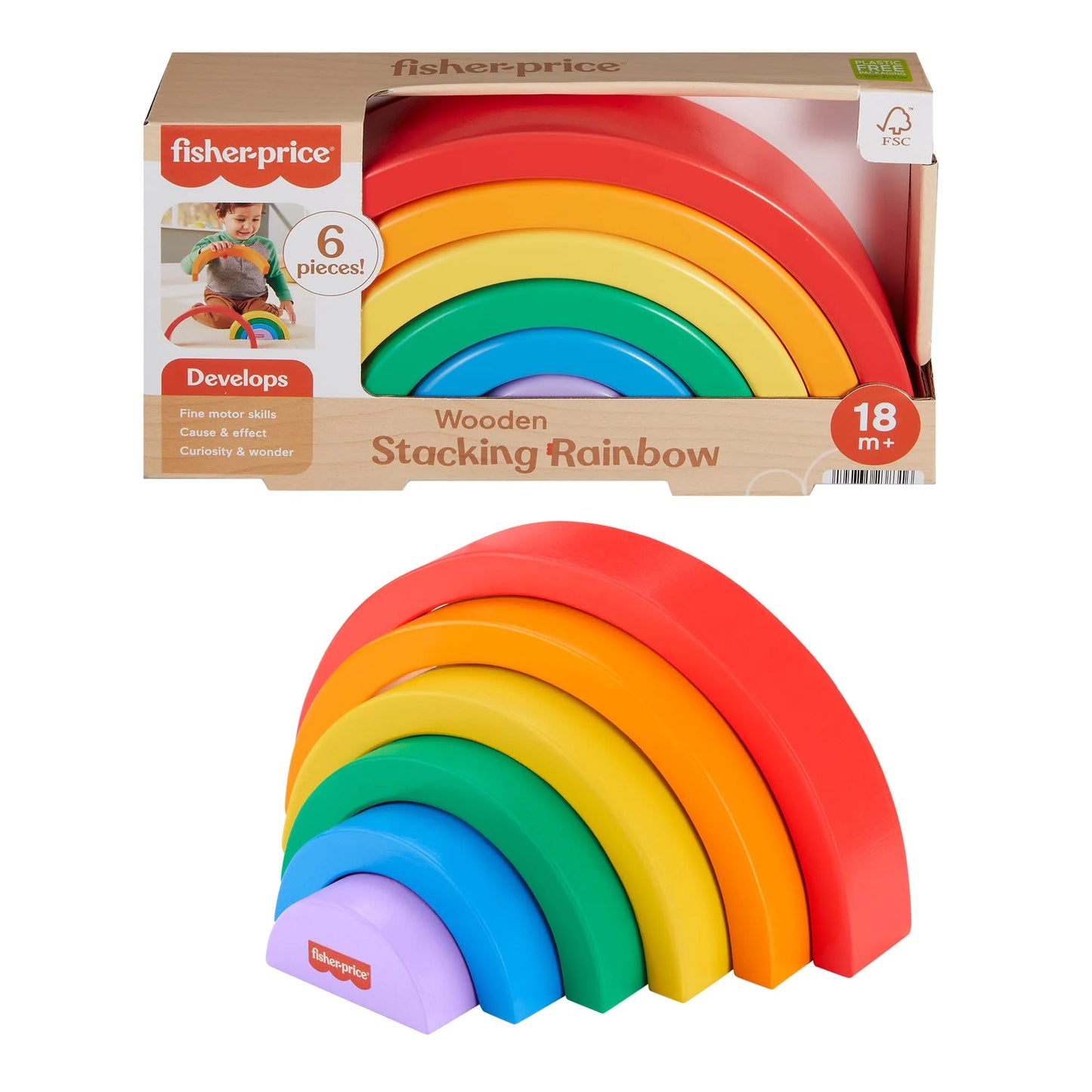 Fisher Price - Arcoíris de madera apilable y encajable 6 piezas de madera, edad 18 meses +