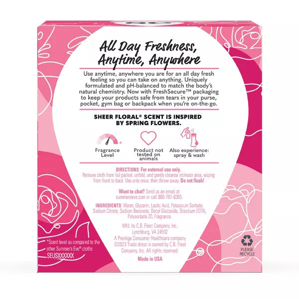 Summer's Eve Sheer Floral 5-in-1 Feminine Wipes 12 paños envueltos individualmente