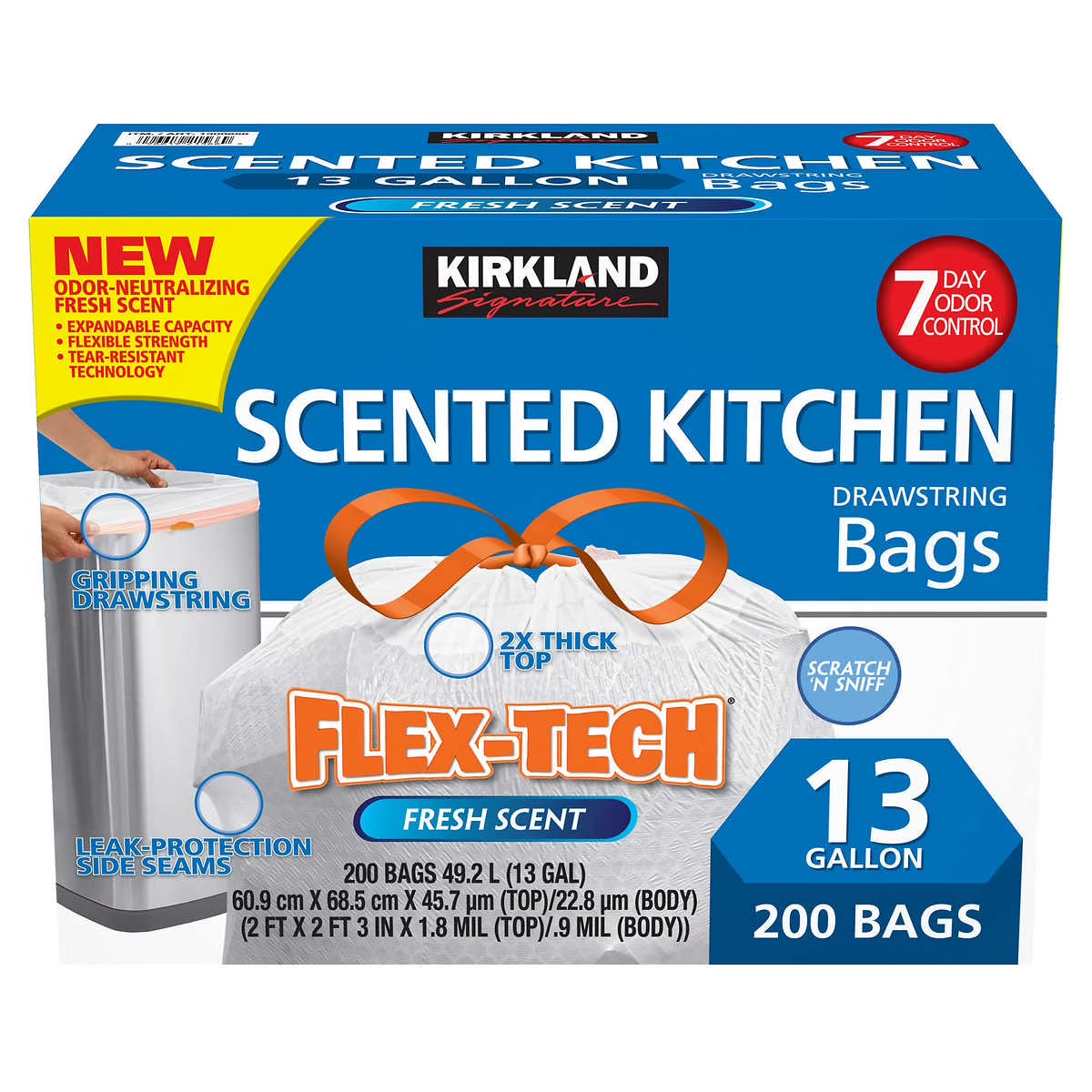 Kirkland Signature Flex-Tech, bolsas de basura perfumadas de 13 galones, 200 unidades