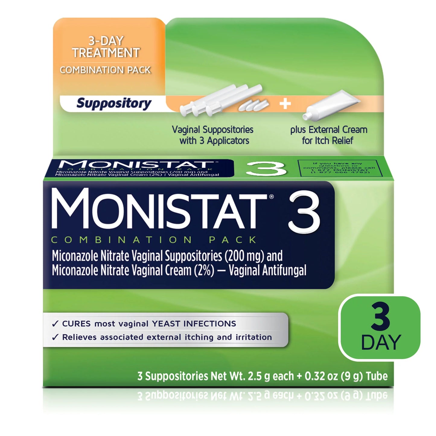 Monistat Tratamiento de 3 días para la infeccion vaginal, 3 supositorios de miconazol y crema contra la picazón