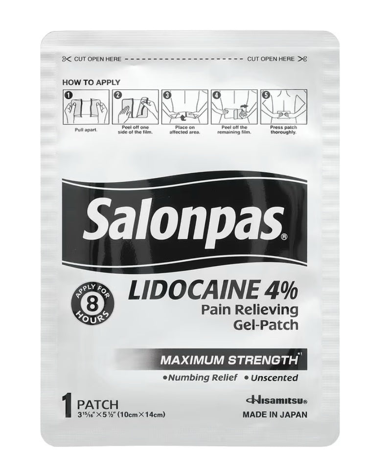 Parches de gel Salonpas con lidocaína al 4% para aliviar el dolor, máxima potencia, 30 unidades.