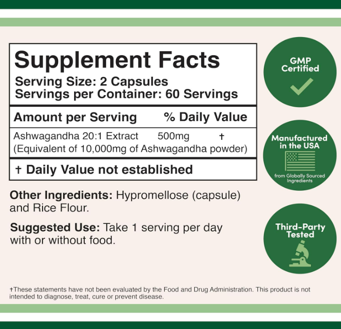 Ashwagandha 500mg , 120 capsulas - Double Wood