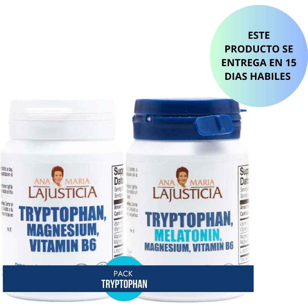 Ana Maria La Justicia- Pack Tryptophan (magnesium- vitamina B6), tryptophan(melatonina), 60 tabletas cada frasco
