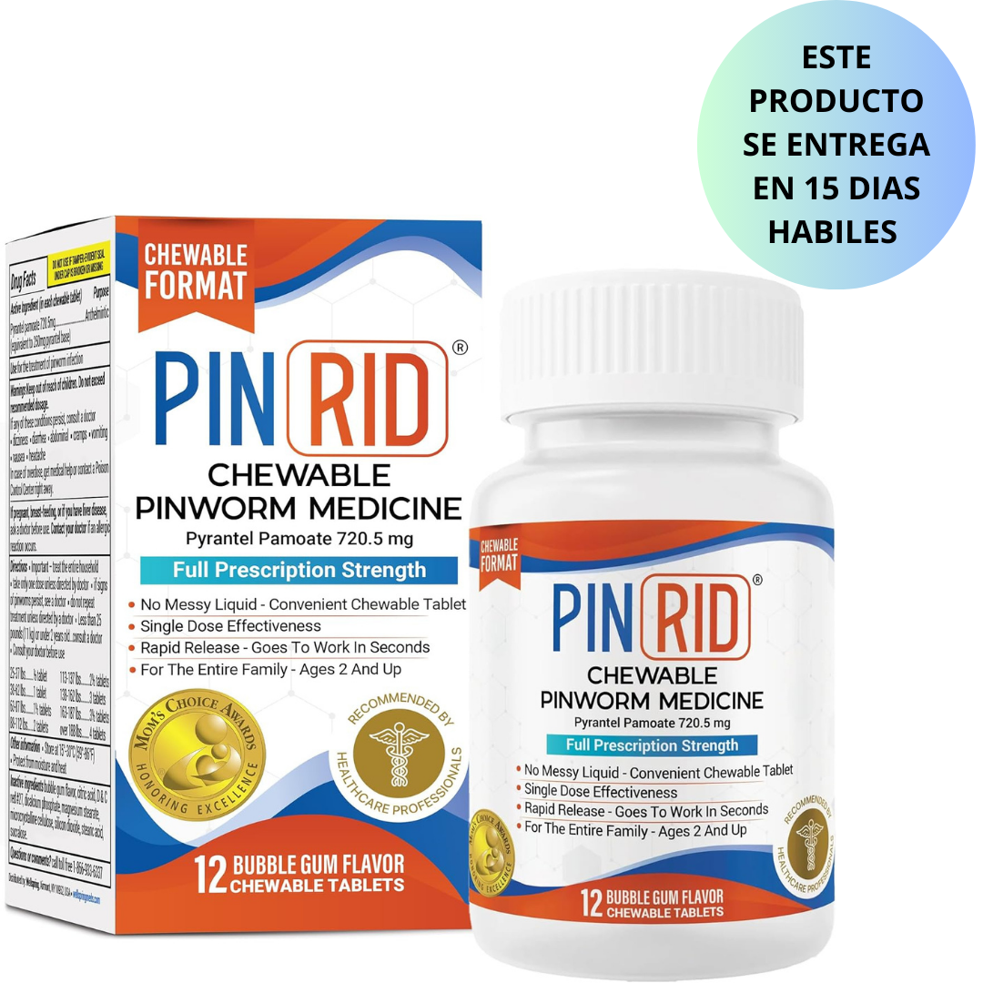 PinRid - Chewable pinworm medicine pyrantel pamoate 720.5mg, 12 tabletas masticables