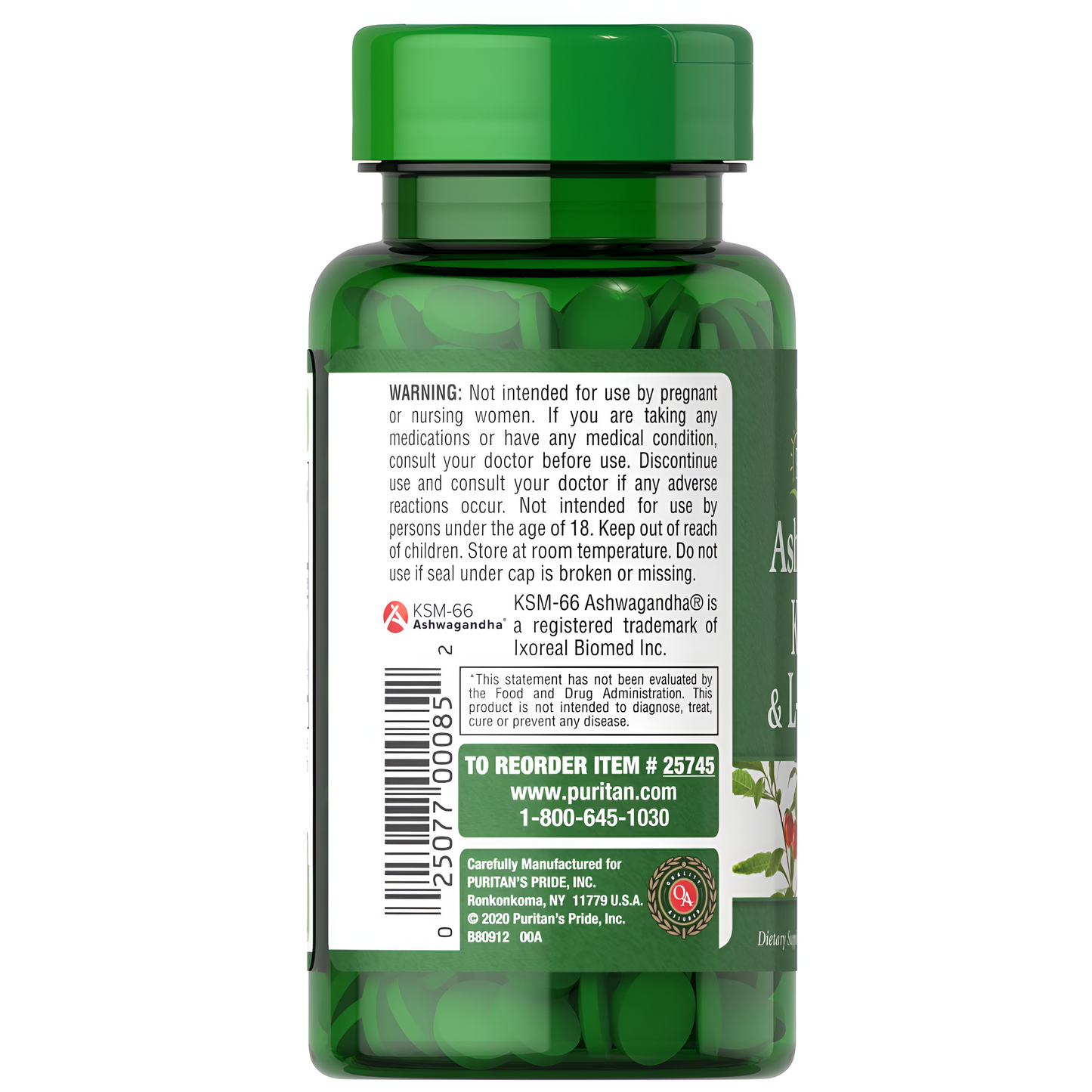 Ashwangandha KSM66 y L-teanina , 60 tabletas - Puritans Pride
