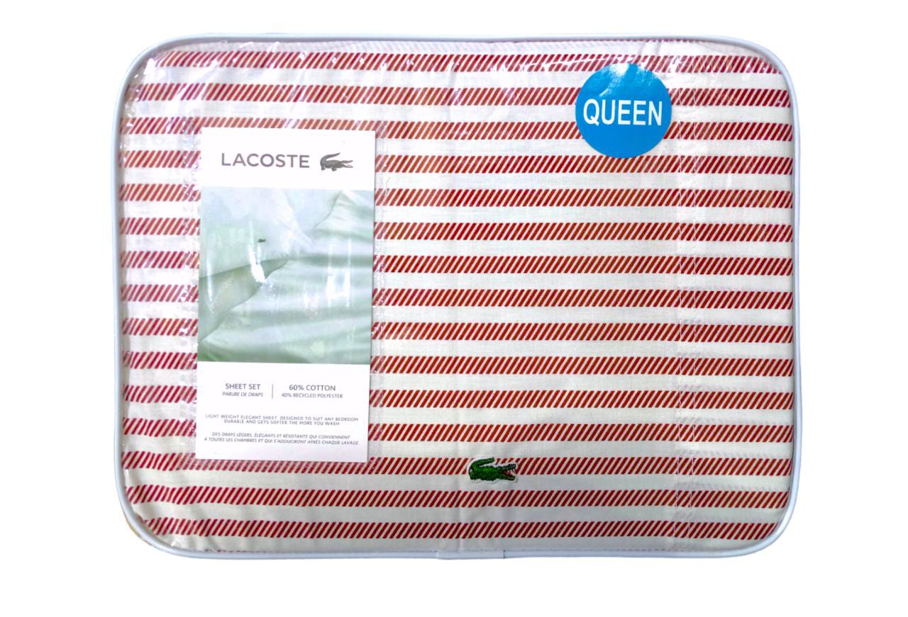 Juego de Sábanas Lacoste para tamaño QUEEN franjas rojas y blancas