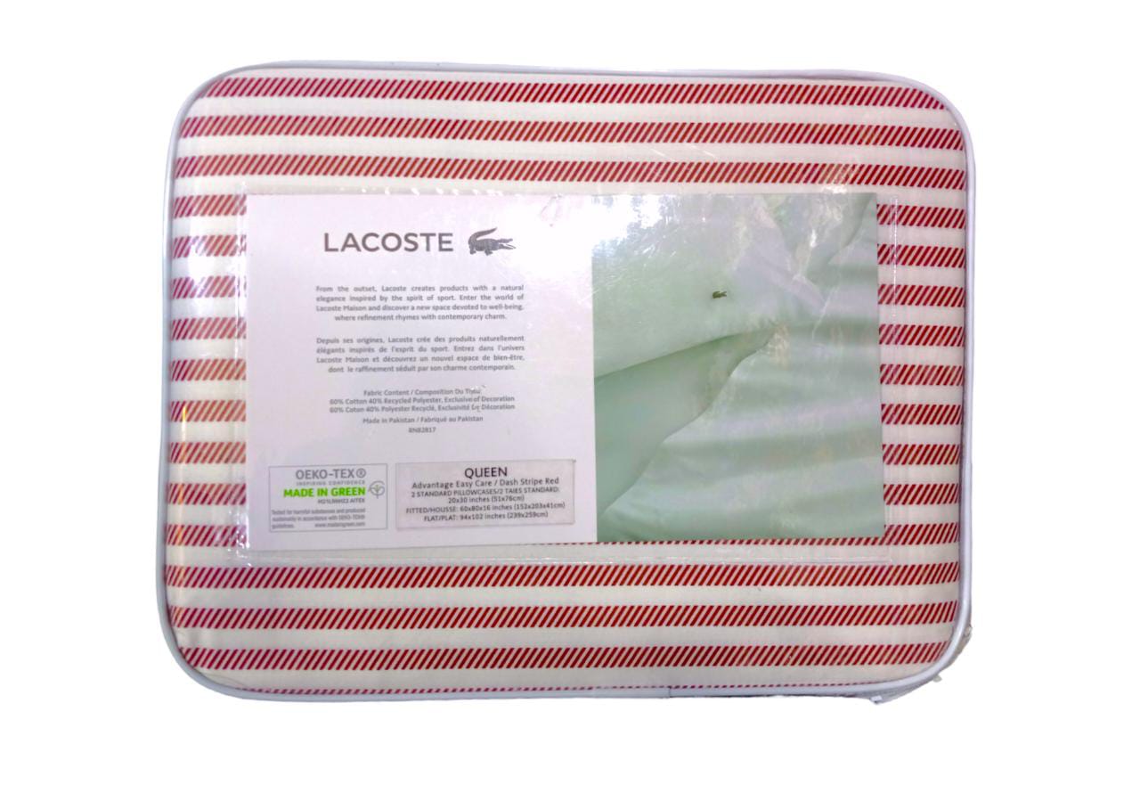 Juego de Sábanas Lacoste para tamaño QUEEN franjas rojas y blancas