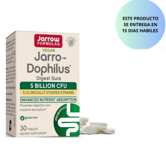 Jarrow Formulas Jarro-Dophilus Digest Sure - 5 mil millones de CFU + enzimas digestivas - 30 tabletas bicapa - Promueve la digestión y la absorción de nutrientes - 30 porciones