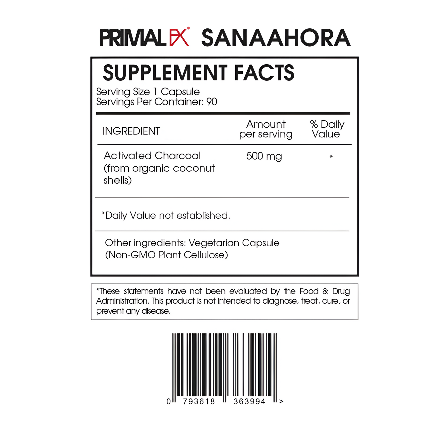 Charcoal , 90 capsulas - Primal FX