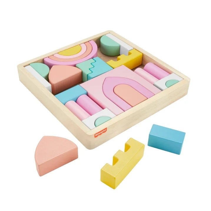 Fisher-Price - Castle Block Set - Construcción de Castillo de madera rosa, 28 piezas, apilable, niños de 2 años a mas