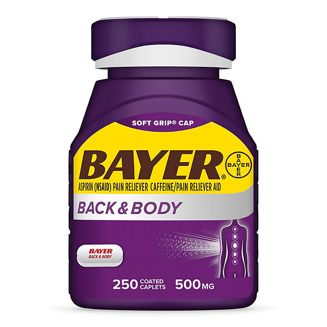 Bayer Back and Body Pain Reliever Aspirin con cafeína, 500mg, 250 ct.