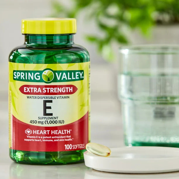 Vitamina E Spring Valley 450 mg extra Fuerte (1,000 IU) 100 cápsulas- Disolvible en agua.