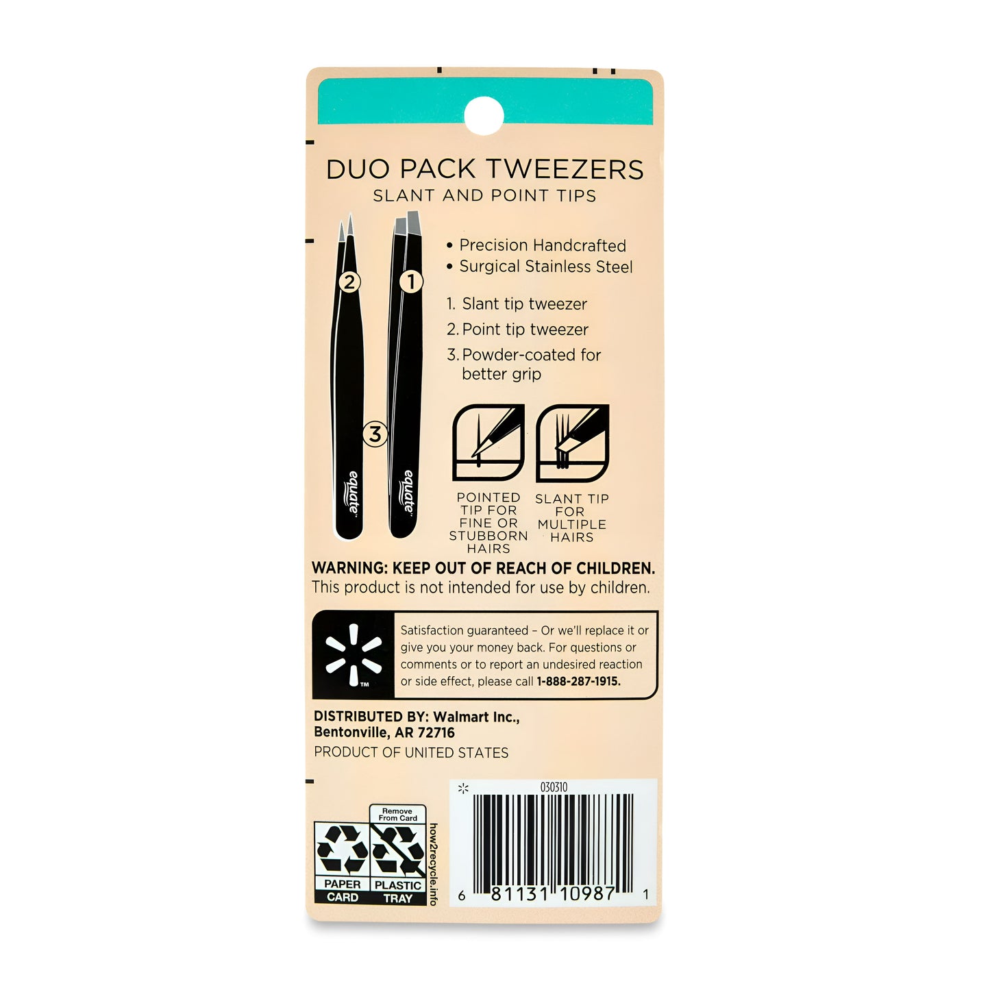 Equate Beauty Pinzas de Pinzas de Acero Inoxidable con Punta Inclinada y Puntiaguda, Pack Dúo, Unisex Adulto