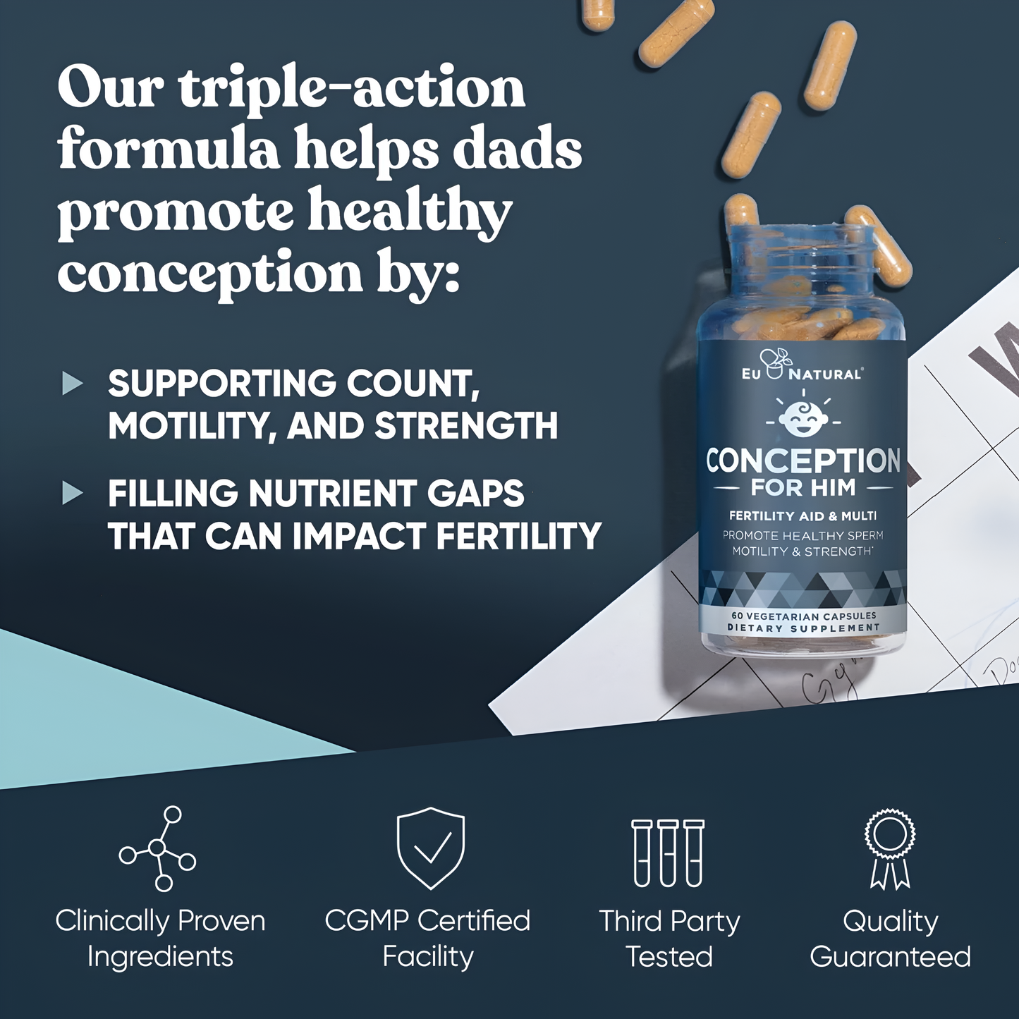 Conception For Him - Vitaminas de fertilidad – Recuento óptimo masculino, fuerza de movilidad de esperma, – zinc, folato, píldoras Ashwagandha – 60 cápsulas