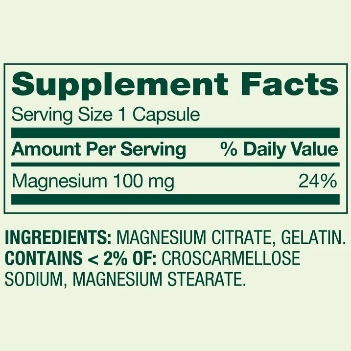 Cápsulas de citrato de magnesio de liberación rápida Spring Valley para la salud ósea, 100 mg 100 capsulas