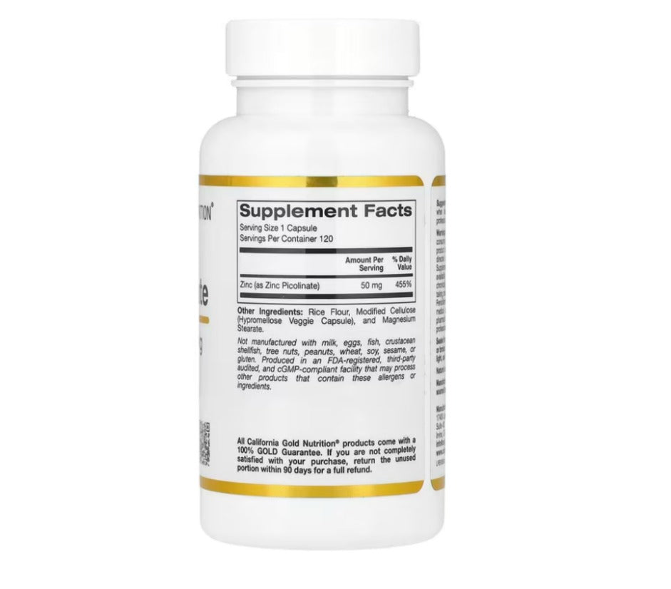 California Gold Nutrition Picolinato de zinc 50 mg 120 cápsulas vegetales