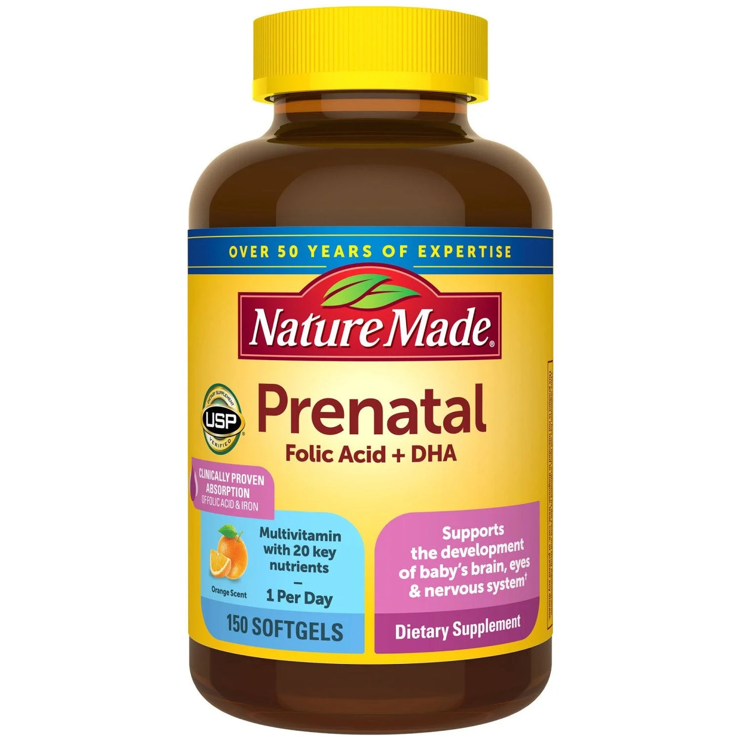 Nature Made Multivitamínico Prenatal con Ácido Fólico + DHA 150 Capsulas de Gel.