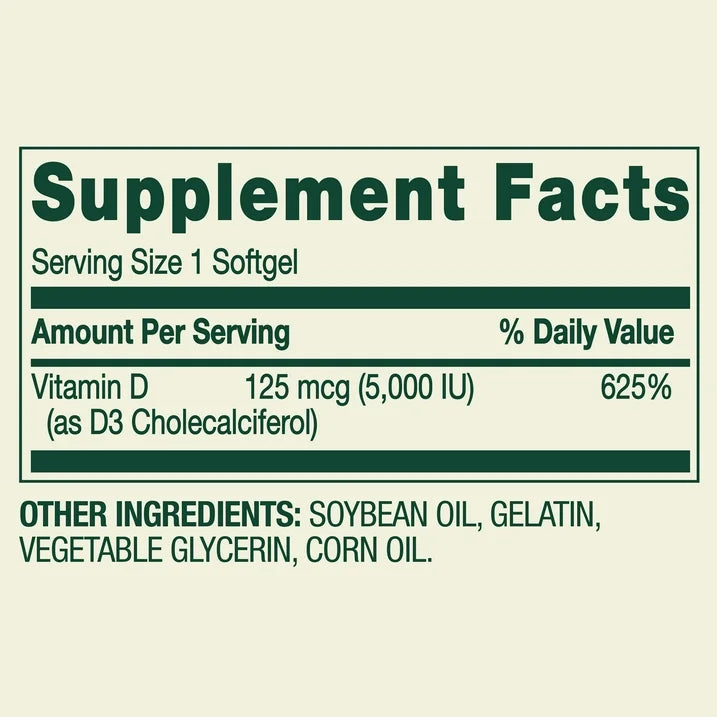 Spring Valley - Vitamina D3 125mcg (5000 IU) Extra Strength en Softgels