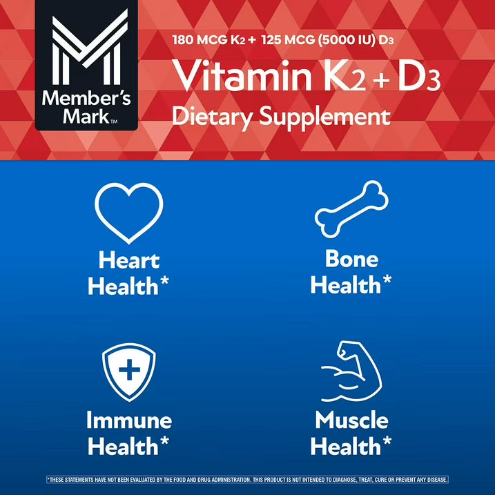 Member´s Mark - Vitamina K2(180mcg) + D3(5000IU), 150 Capsulas