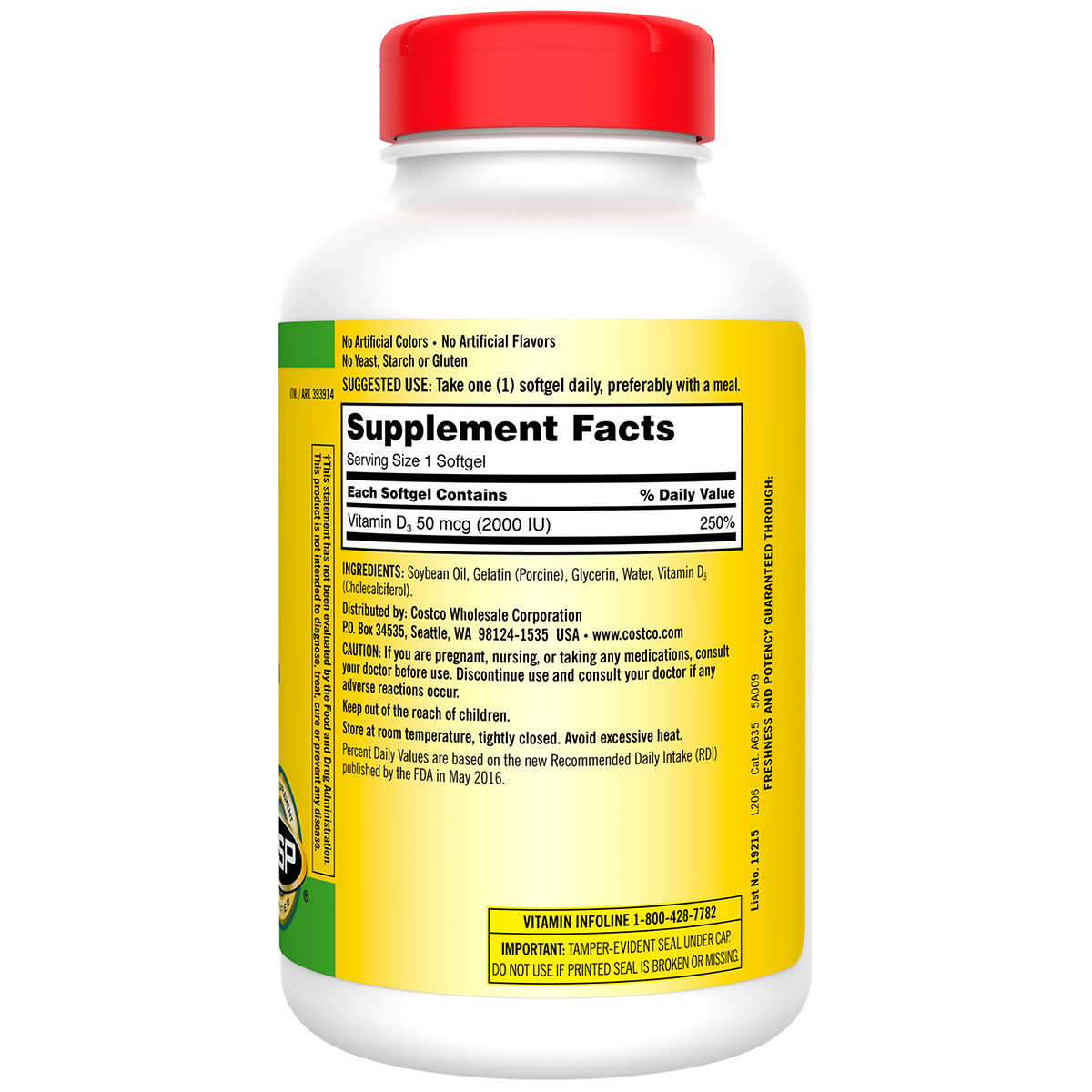 Kirkland Signature Extra Strength D3 50 mcg., 600 cápsulas blandas
