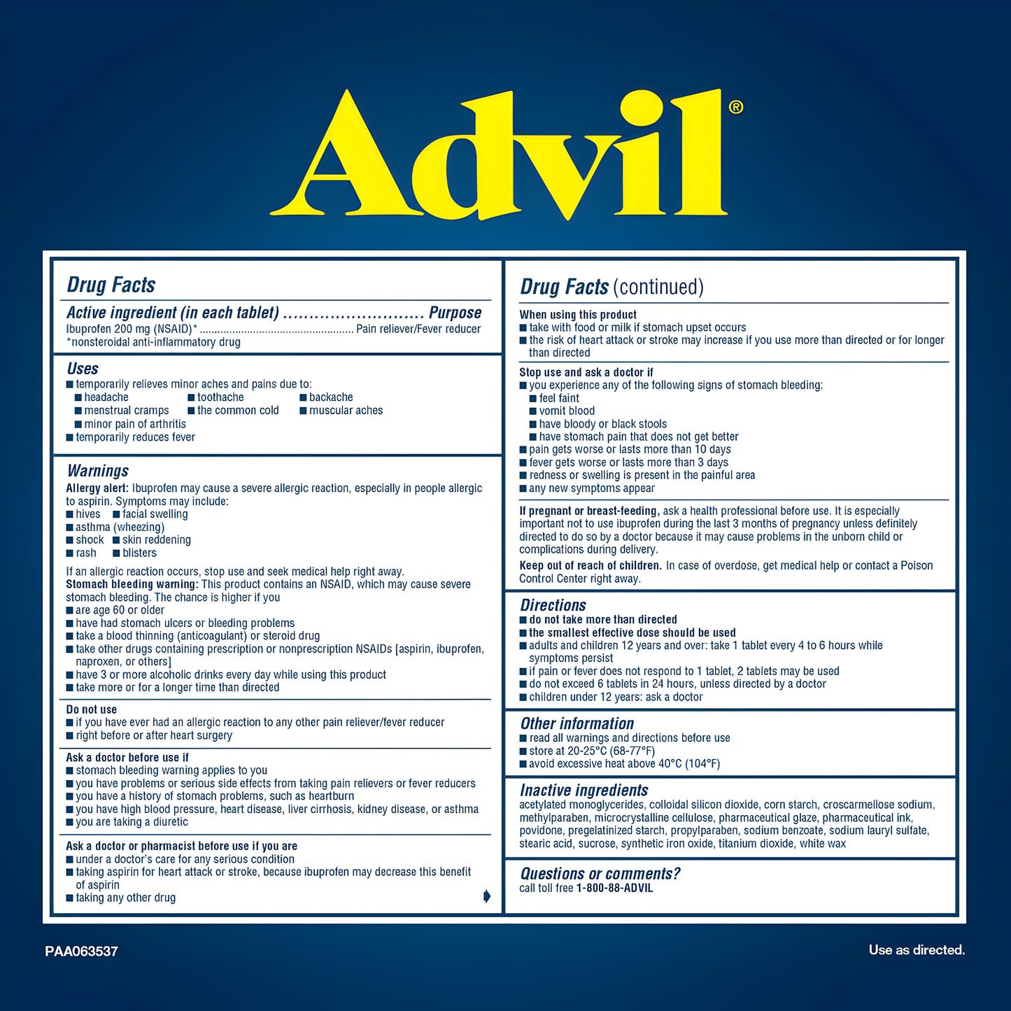 Advil Ibuprofeno 200 mg., Analgésico/reductor de fiebre, 360 comprimidos