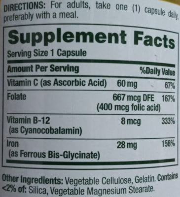 Natures Bounty Gentle Iron Glycinate 28 mg - 300 Capsulas