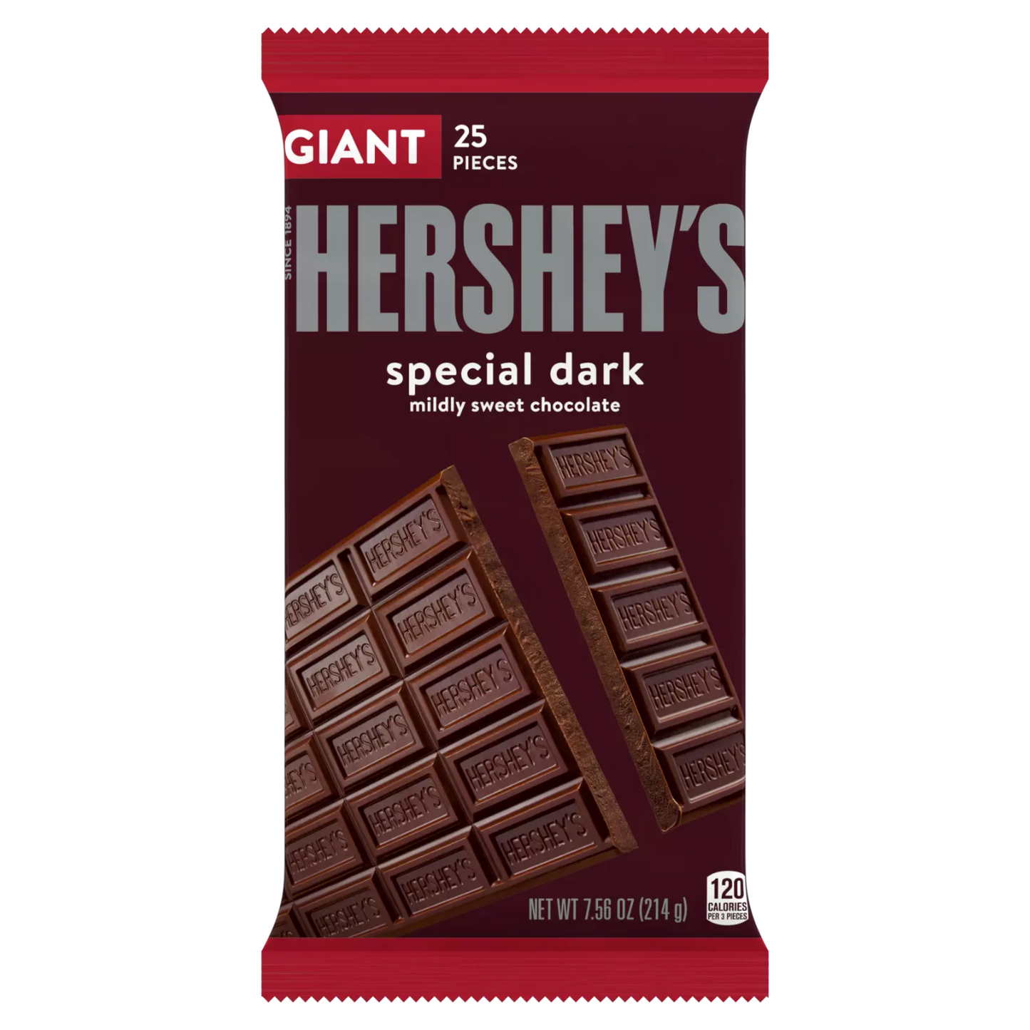 Hershey's Chocolate Special Dark , mildly sweet chocolate - 25 piezas, 214g , 120 calorías por 3 piezas