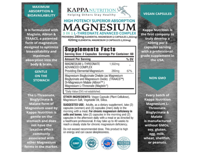 Magnesio 3 en 1 - L-Threonate advanced complex, 120capsulas- Kappa Nutrition