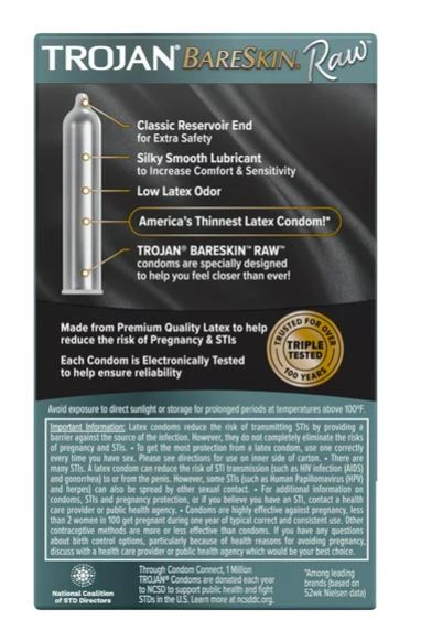 TROJAN PERSERVATIVO BARESKIN RAW PRESERVATIVOS LUBRICADOS, LATEX