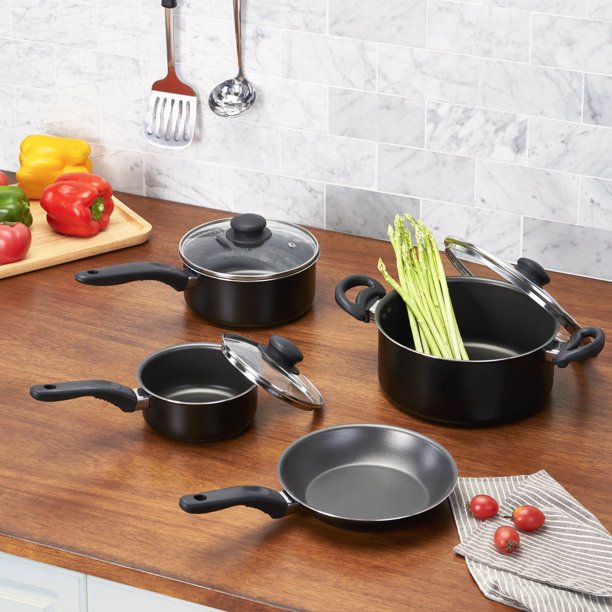 Juego de ollas de cocina antiadherentes Mainstays 7 piezas, color negro