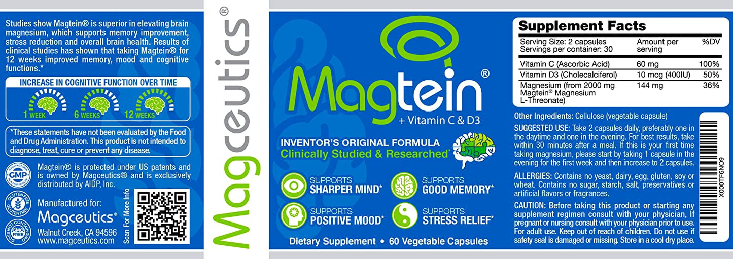 Treonato de Magnesio Patentado Original Magtein Suministro de 30 días, 60 Cápsulas