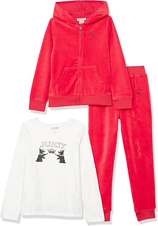 Juicy Couture Conjunto de 3 piezas con capucha para niñas Rojo True
