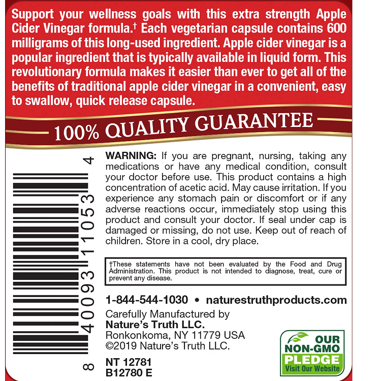 Apple Cider Vinegar Nature's Truth 240 Capsulas 600 mg